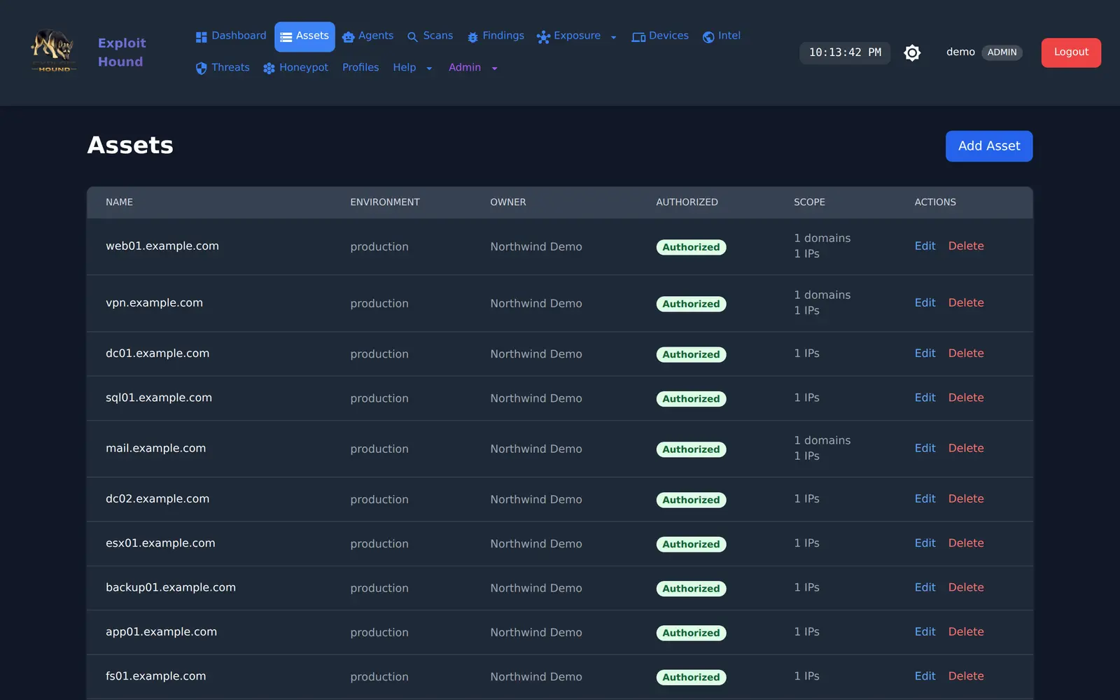 Exploit Hound discover step: External surface, internal networks and endpoints in one inventory, each carrying the context prioritization depends on.