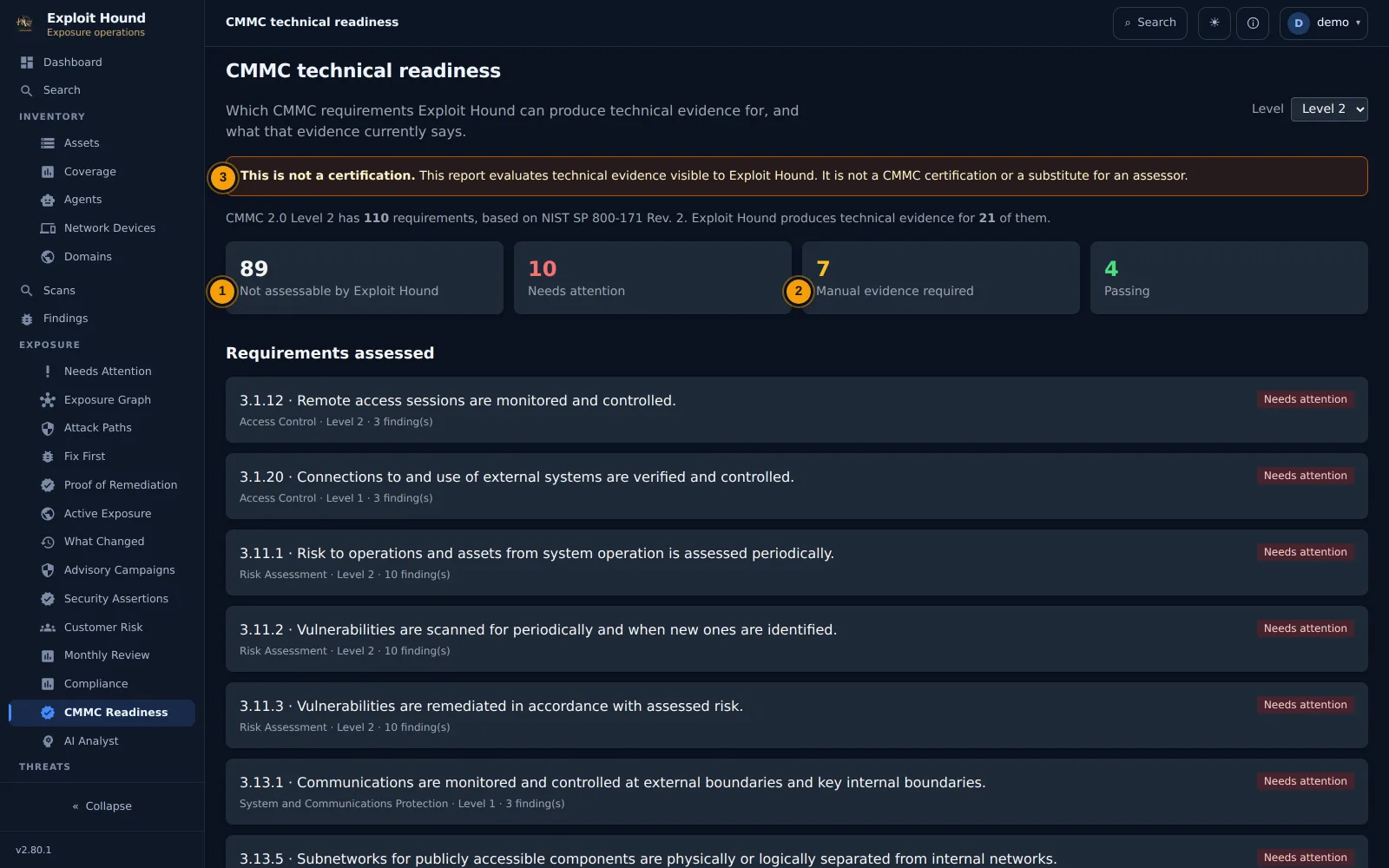 CMMC technical readiness, with its coverage stated shown in the Exploit Hound console