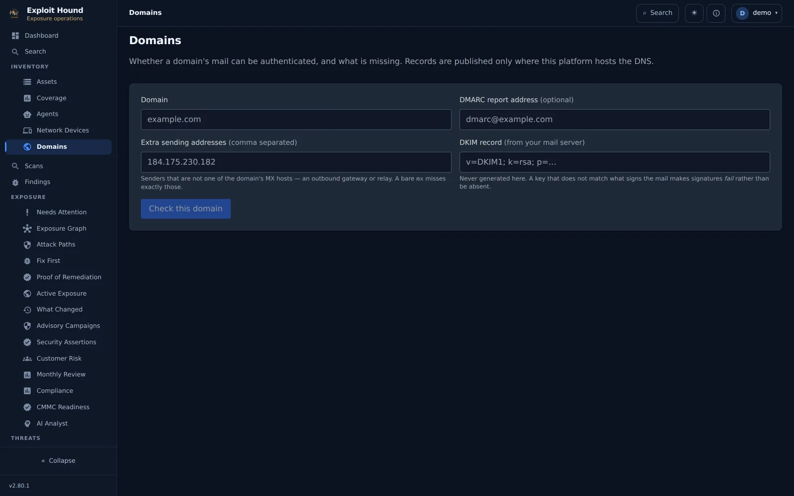 Domain mail authentication, showing what is published and what is missing, in the Exploit Hound console