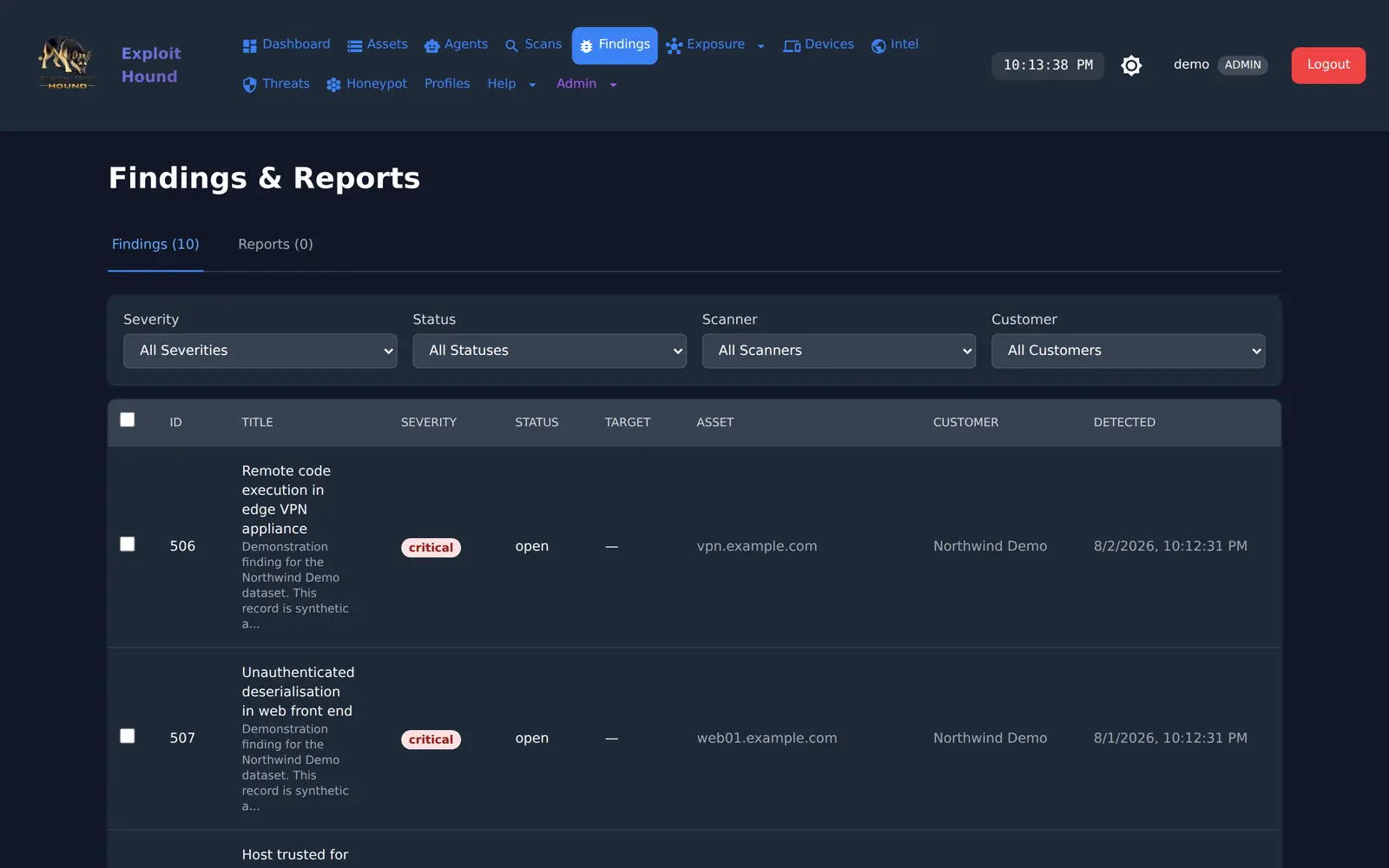 Findings with the evidence attached shown in the Exploit Hound console