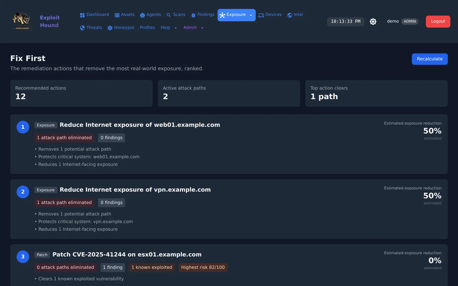 The Fix First view in the Exploit Hound console, listing remediation actions ranked by the attack paths and findings each one removes