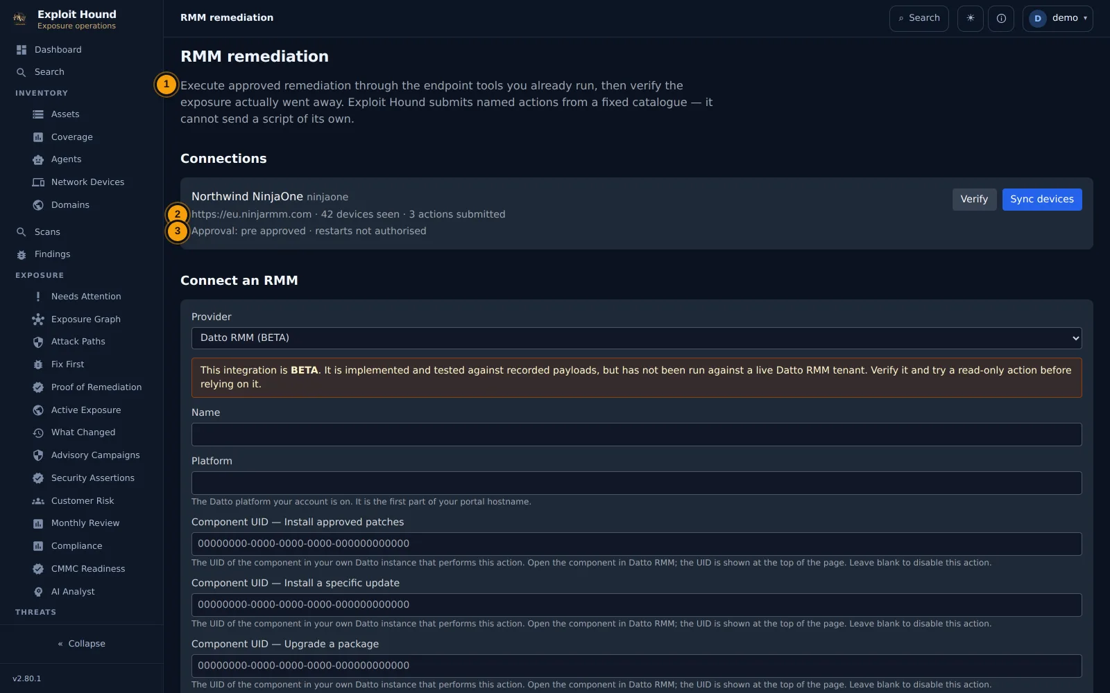 RMM remediation with device mappings and their evidence shown in the Exploit Hound console
